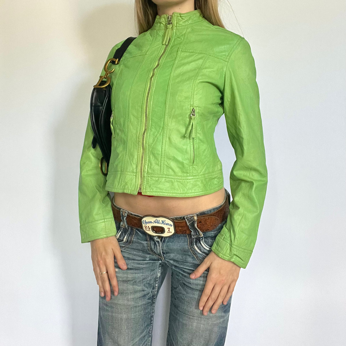 Tight fit green leather zip up moto jacket